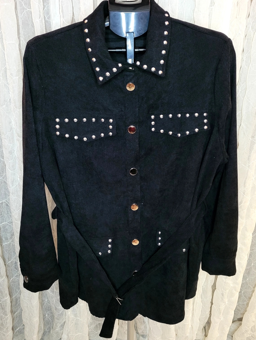 Shein Curve Black Corduroy Stud-Trim Collared Women's Belted Jacket Shacket